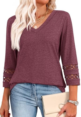 Plus Size Tops for Women 3/4 Sleeve Blouses for Women Dressy Casual Work Shirts V Neck Summer Clothes Curved Hem Wine Red 3XL