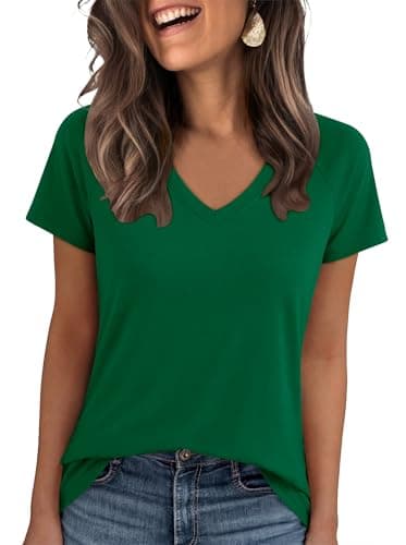 ANRABESS Womens Tops Short Sleeve V Neck Shirts Summer Basic Tee Trendy Cute Tshirts 2026 Spring Casual Outfits Dark Green Small