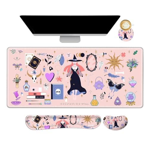 Lauspuck Pink Keyboard Mouse Pad Set, Large Gaming Deskpad Rectangle +Keyboard Wrist Rest +Mouse Wrist Support +Coaster, Ergonomic Memory Foam Mousepad Combo, Witch Mirror