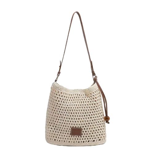 LEIDAXIA Cotton Fibre Crochet Beach Tote Bag for Vacation,Bohemian Cotton Hobo Shoulder Bag Casual Woven Purse for Women (Beige Shoulder Bag)