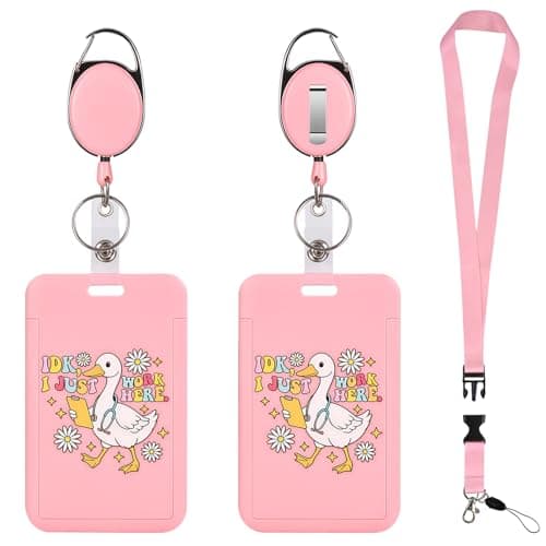 ID Badge Holders and Retractable Reel Clips,Lanyard with Release Buckle, Key Card Holder Nametag Protector (Pink-6, Clear & Matte (Vertical with Funny Goose)
