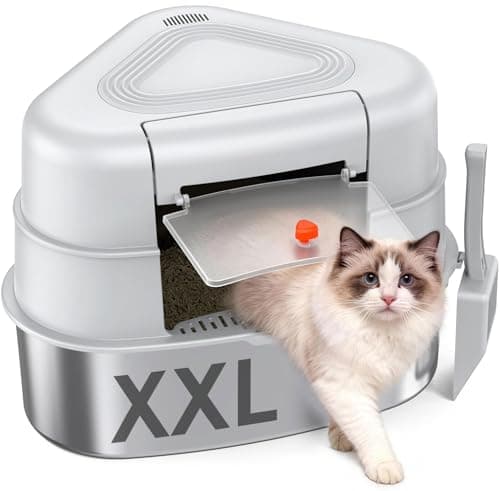 Chumajor XXL Stainless Steel Corner Cat Litter Box with Lid - Sturdy, No Odor & Space-Saving Hidden Design for Large Cats, Grey