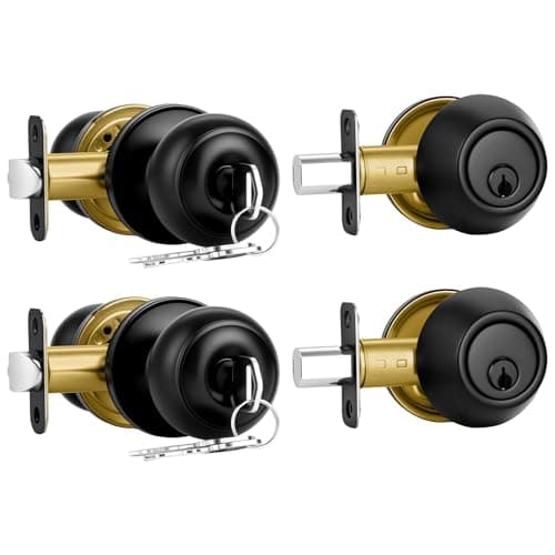 Plustool 2 Pack Front Door Lock Set Matte Black,Exterior Door Lock Set with Deadbolt,Single Cylinder Deadbolt Lock and Door Knob Set,Keyed Alike Door Knobs with Lock&Keys,Round Ball Entry Door Lockset