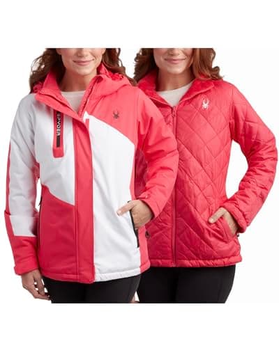 Spyder Womens Ski Jacket - Faux Fur Lined Insulated 3 in 1 Puffer Jacket - Reversible Quilted Winter Coats for Women, Size Large, Prism Pink