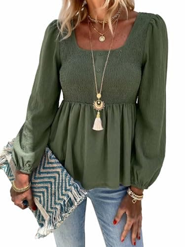 HEYTALALA Womens Peplum Tops Square Neck Smocked Puff Long Sleeve Blouses Babydoll Shirts 2025 Fall Dressy Casual Clothes Army Green S