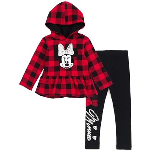 Disney Minnie Mouse Toddler Girls Fleece Pullover Peplum Hoodie and Leggings Outfit Set Red/Black 2T