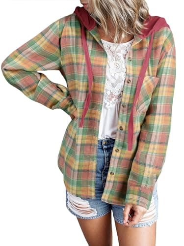 Ezcosplay Women Shacket Flannel Plaid Tops Long Sleeve Plaid Blouse Hood Button Down Casual Shirt Coat