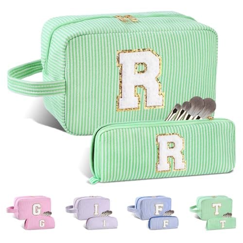 Huifen 2PCS Personalized Gifts for Women Initial Makeup Bag set, Travel Make up Bag Cosmetic Bag Toiletry Bag, Teacher Graduation Bridesmaid Mom Birthday Gifts for Kids Teen Girls(Green, R)