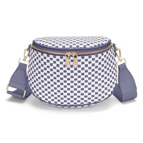 FODOKO Woven Crossbody Bag for Women Woven pu Leather Bum Bags Checkered fanny pack with zipper（Checkered Purple white