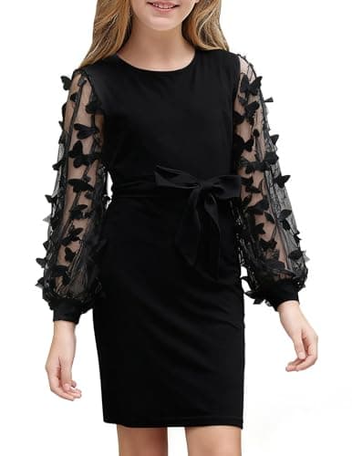 ALISISTER Girls Black Dresses Puff Long Sleeve Butterflies Mesh Birthday Party Formal Easter Dresses with Belt for Tween Kids 10 Year Old