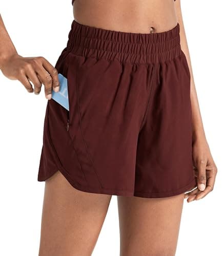 ZUTY 5" Athletic Running Shorts for Women with Zipper Pocket High Waisted Quick Dry Workout Gym Shorts with no Liner Burgundy XS
