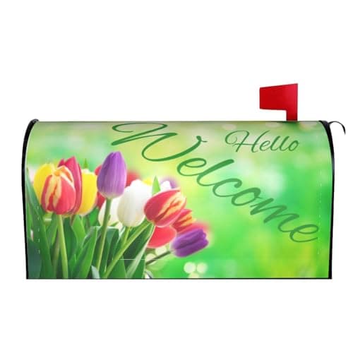 Oplp Spring Colourful Tulip Flowers Waterproof Mail Cover Magnetic Mailbox Wraps Bright Flowers Post Letter Box Cover for Garden Home Decor 21x18 in