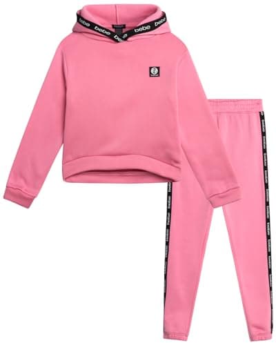 bebe Girls Sweatpants Set - 2 Piece Yummy Cotton Blend Fleece Hoodie Sweatshirt and Jogger Sweatpants Kids Activewear Set, Size 7-8, Sea Pinki