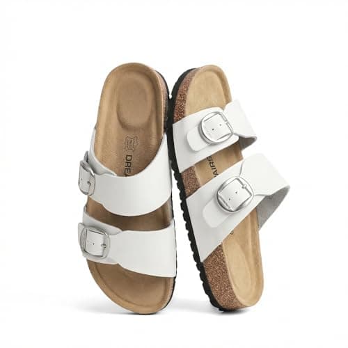 DREAM PAIRS Women's Slides Soft Genuine Footbed Sandals Comfortable Adjustable Double Buckle Slip-on Flat Sandals with Arch Support Frame Dual Slippers for Summer 2026,Size 8,White,SDSS26004W