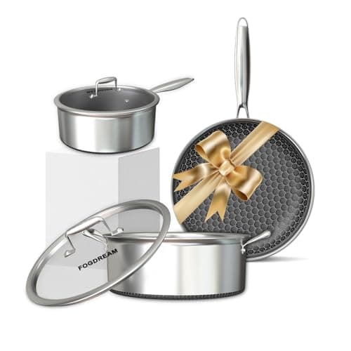 FogDream 5 Pcs Stainless Steel Cookware Set, 9.5in Non Stick Frying Pan, 5-Quart Soup Pot & 2.3-Quart Sauce Pan with 2 Lids, Stay-Cool Handles, Dishwasher & Oven-Safe, Induction Compatible, Silver