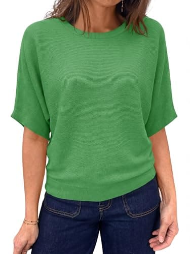 Saodimallsu Womens Short Sleeve Sweater Summer Batwing Trendy Casual Boat Neck Lightweight Loose Fitting Knit Tops Green