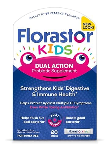 Florastor Kids Dual Action Probiotic Powder, 20 Easy-to-Mix Powder Sticks