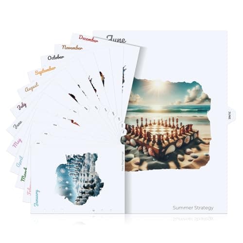 Chess Planner 12-Month Tab Dividers, A5 Half-Letter 8.5 x 5.5 in, Jan–Dec Seasonal Art, 6-Ring Pre-Punched, 350 GSM Cardstock, Laminated Tabs, Fits Filofax & Franklin Planner