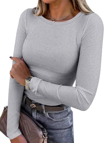 ANRABESS Women Long Sleeve Shirts Ribbed Fitted Tops,Grey,S