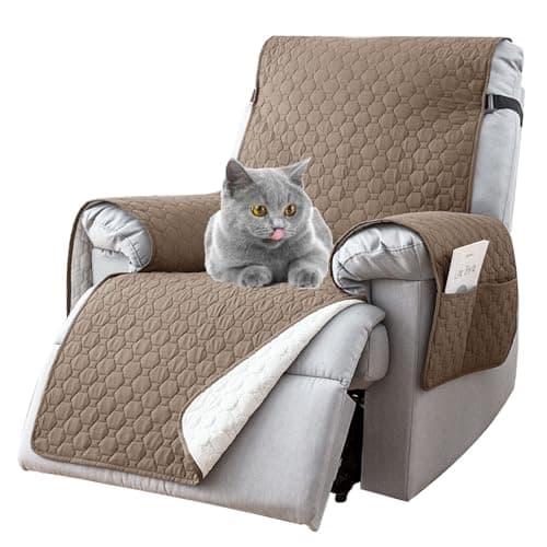 100% Waterproof Recliner Chair Covers That Stay in Place, Non-Slip Recliner Cover with 5 Pockets, Elastic Straps, Washable Reclining Chair Protector for Kids, Pets, Dogs (Khaki, 25inch)