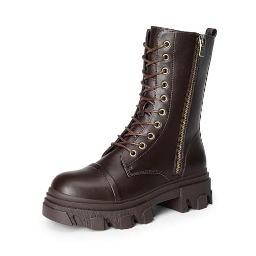 DREAM PAIRS Women's Combat Boots Lace up Mid Calf Boots Low Heel Chunky Platform Lug Sole Riding Boots,Size 8.5,Brown-Pu,DMB215