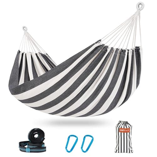 Lazy Daze Hammocks Double Brazilian Cotton Hammock, Extra Large Portable Outdoor Camping Hammock with Tree Straps & Travel Bag for Backyard Patio Poolside Indoor, 550lbs Capacity, Black & White