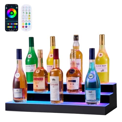 VEVOR LED Lighted Liquor Bottle Display, 3 Tiers 24 inches, Supports USB, Acrylic Illuminated Home Bar Shelf Display with RF Remote & App Control, 9 Static Colors, Timing Mode, for 18-24 Bottles