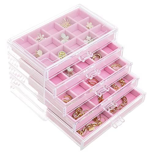 misaya Earring Jewelry Organizer with 5 Drawers, Birthday Present, Clear Acrylic Jewelry Box for Women, Velvet Earring Display Holder for Earrings Only, Pink
