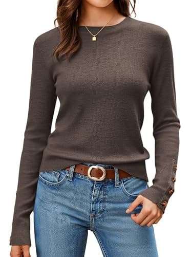 Arach&Cloz Womens Long Sleeve Sweaters 2025 Fall Outfits Trendy Crewneck Cozy Knit Black White Casual Button Halloween Cashmere Chocolate Brown Fashion Tops Winter Coffee S