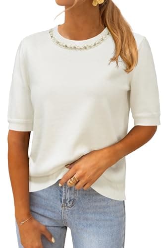 Arach&Cloz Women's Wool Blend Fall Spring Summer Sweater Fashion Tops 2025 Short Sleeve Crew Neck Soft Trendy Cute Casual Trendy Outfits Off-White M