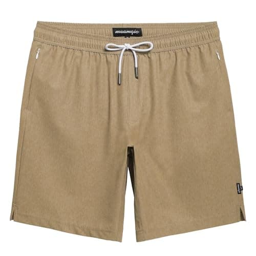 maamgic Mens Swim Trunks 9 Inch with Mesh Lining Bathing Suit Stretch Board Shorts with Zip Pockets for Swimming Dark Khaki 2XL
