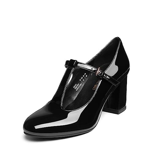 DREAM PAIRS Mary Jane Chunky Heels Wedding Dress Shoes,Black-Pat,9.5