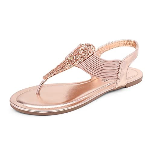 DREAM PAIRS Women's Elastic Strappy String Thong Ankle Strap Summer Gladiator Sandals,Size 5.5,Champagne/Gold,SPPARKLY