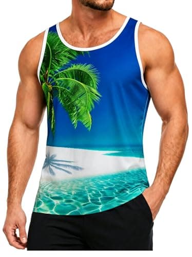 MIGFAXU Mens Tank Tops Hawaiian Sleeveless Shirts Graphic Beach Coconut Tree Gym Tank Top