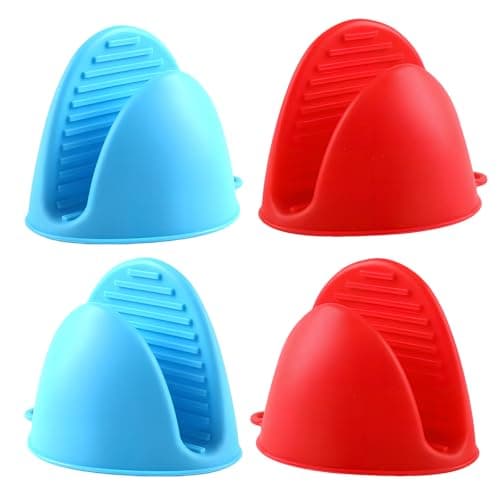 2 Pairs (Red & Blue),Mini Silicone Oven Gloves, Mini Finger Protector Pot Holder for Kitchen,Cooking,Baking,BBQHeat Resistant Gloves，can be Washed in the Dishwasher