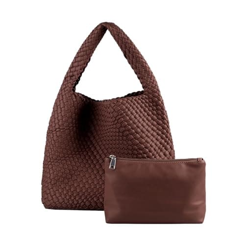 Woven Tote Bag with Small Purses for Women, Vegan Leather Hobo Bags Straw Handbags Large Underarm Shoulder Bag (Coffee)