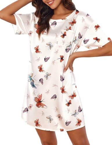 Ekouaer Silk Nightgown for Women Short Sleeve Satin Sleep Shirts