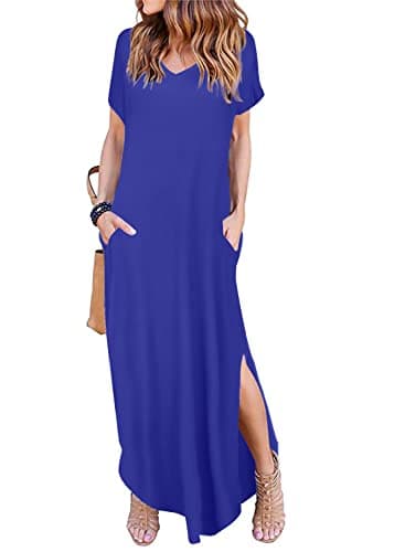 Arolina Women Summer Maxi Dress Short Sleeve V Neck Casual Loose Long Split Dresses Beach Vacation Sundress with Pockets Blue