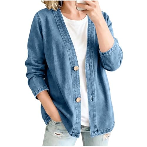 WPPGONE womens jean jacket,Denim Jacket for Women V-Neck Relaxed Classic Loose Fit Shaket Lightweight Vintage Fashion Button Jeans Cardigan