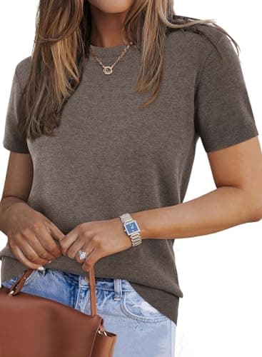 Arach&Cloz Women's Wool Blend Short Sleeve Sweater Business Casual Tops Coffee M