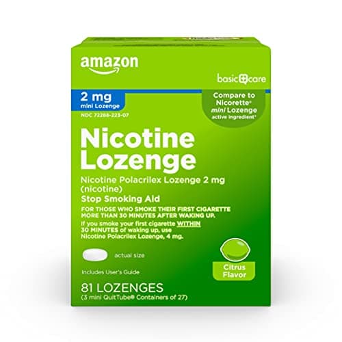 Amazon Basic Care Mini Nicotine Polacrilex Lozenge, 2 mg, Citrus Flavor, Stop Smoking Aid, Smoking Cessation, Reduces Withdrawal Symptoms and Nicotine Cravings, 81 Count