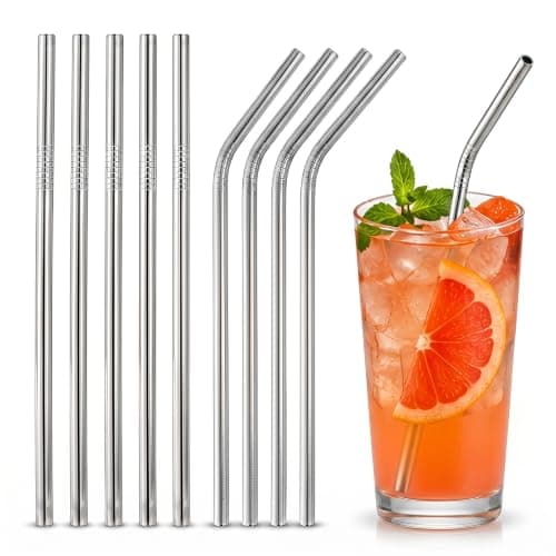 10 Pcs Stainless Steel Straws Set - 5 Straight (8.46") + 5 Bent (8.07") Metal Straws, 18/8 Food-Grade Reusable Straws for Tumblers, Smoothies, Shakes & Cocktails