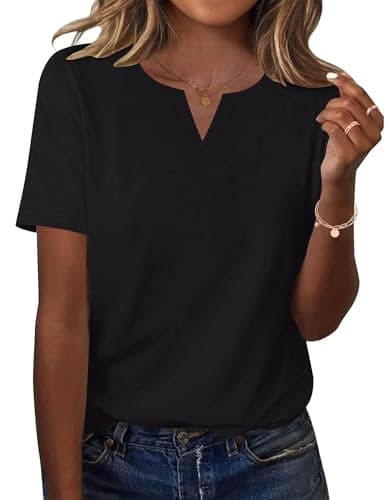 LOMON Business Casual Tops for Women Short Sleeve V Neck T Shirts Loose Fit Flowy Summer Tops Trendy Outfits (Black, XXL)