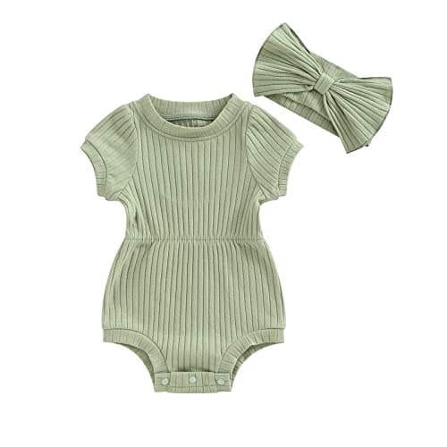 FOCUSNORM Baby Girl Summer Clothes Ribbed Short Sleeve Romper Solid Color Bodysuits Bow Headband Outfit Newborn Girl Jumpsuit (Pea Green, 3-6 Months)