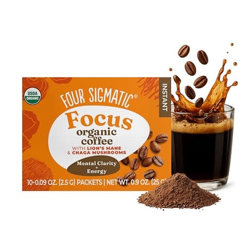 Four Sigmatic Focus Organic Mushroom Coffee | Instant Mushroom Coffee Mix with Lion's Mane, Chaga and Rhodiola for Better Focus and Immune Support | 10 Packets