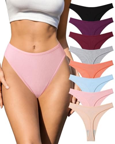 J-pone High Waisted Thongs for Women Ribbed High Cut Panties No Show Underwear T Back Tag Free Breathable Womens Thong Underwear 8 Pack Color A Size XL