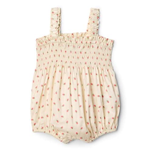 Amazon Essentials x Sofia Grainge Baby Girls' Woven Sleeveless Ruffle Romper, Bright Pink Little Strawberries, 24 Months