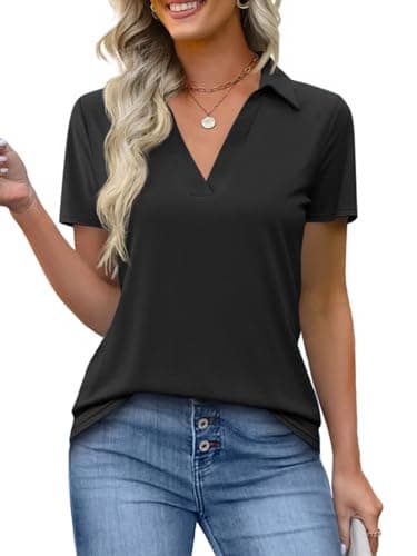 Imily Bela Womens Short Sleeve Polo Shirts V Neck Business Dressy Casual Tops Summer Collared Trendy Tees Black