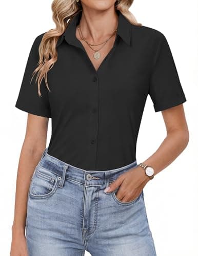 HOTOUCH Womens Button Down Shirt Black Work Blouse Short Sleeve Dress Shirt Basic V Neck Business Fitted Classic Tops XL