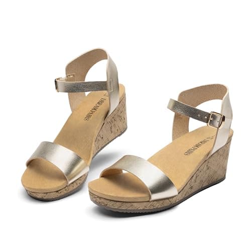 DREAM PAIRS Women's Open Toe Buckle Ankle Strap Platform Wedge Sandals for Women Summer Dressy Shoes,Size 5.5,Gold-Pu,NINI-8
